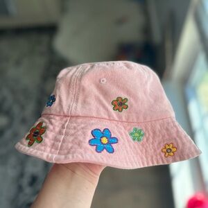 Urban Outfitters Y2K Pink Bucket Hat with Floral Embroidery